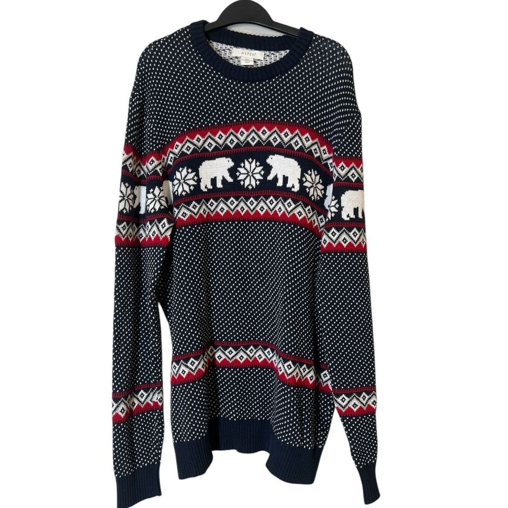 Aspen Navy Blue Fair Isle Nordic Polar Bear Print Sweater Mens Sz L Holiday